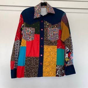 Vintage bandana and assorted pattern patchwork western style button up shirt
